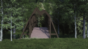 Modèle 3D d’une passerelle piétonne et cycliste comprenant des arcs porteurs en bois lamellé-collé et des éléments en bois massif.